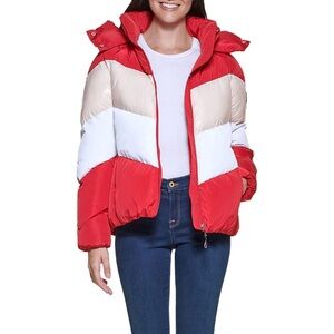 Tommy Hilfiger Red and Cream Puffer Jacket with Quilted Texture and High Collar